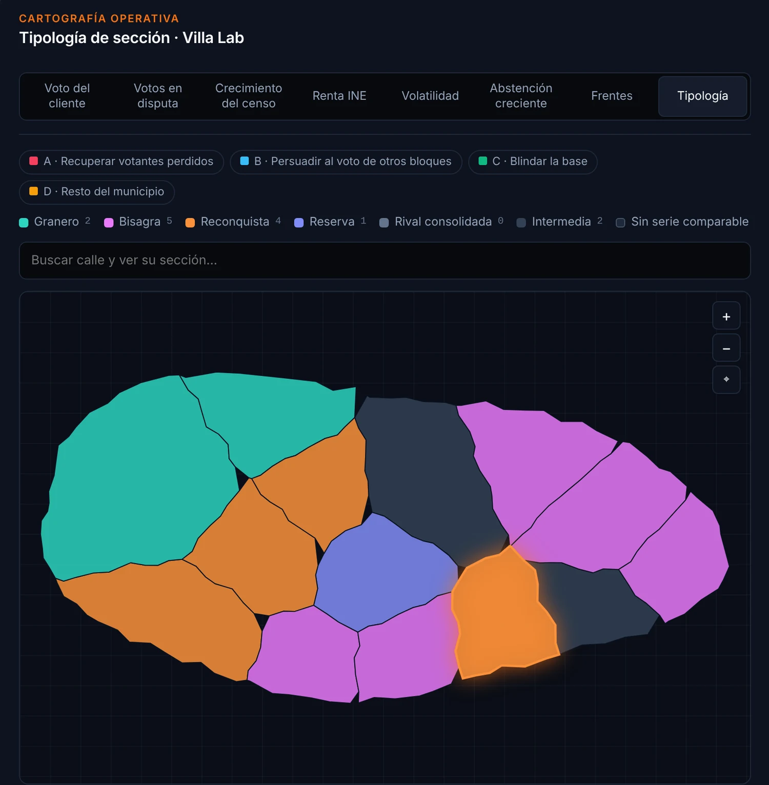 Mapa por sección censal coloreado según la tipología