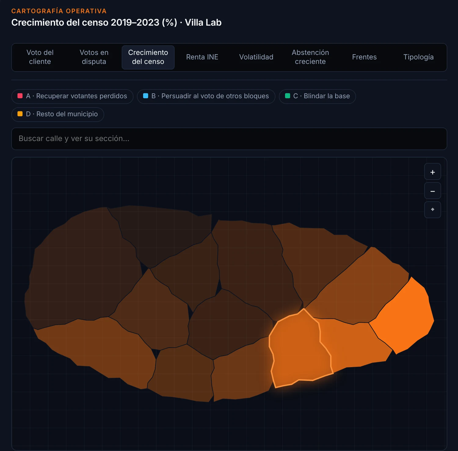 Mapa de Villa Lab coloreado según el crecimiento del censo